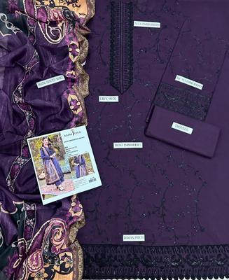 3 Pcs Women's Unstitched Lawn Embroidered Suit