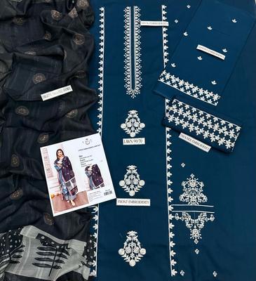 3 Pcs Women's Unstitched Lawn Embroidered Suit