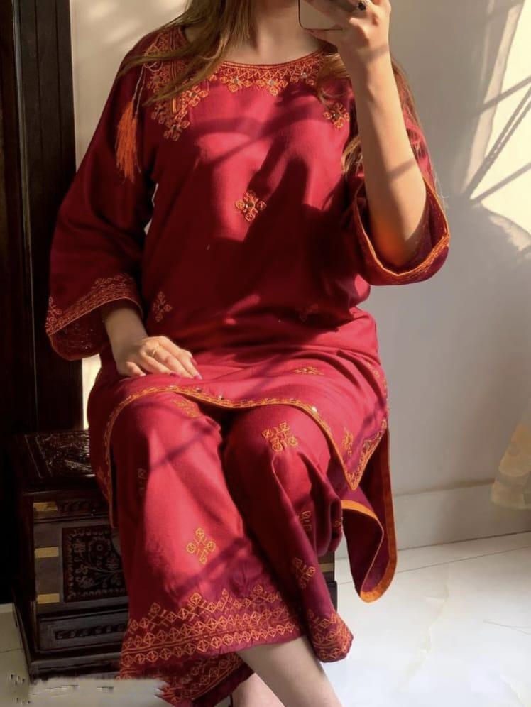 2 Pcs Women's Stitched Linen Embroidered Shirt And Trouser