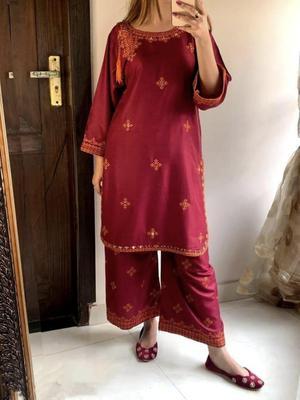 2 Pcs Women's Stitched Linen Embroidered Shirt And Trouser
