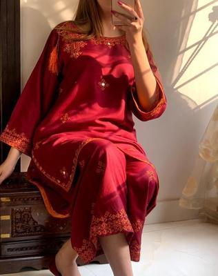 2 Pcs Women's Stitched Linen Embroidered Shirt And Trouser