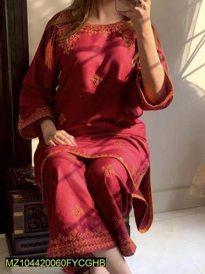 2 Pcs Women's Stitched Linen Embroidered Shirt And Trouser