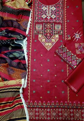3 Pcs Women's Unstitched Embroidered Suit