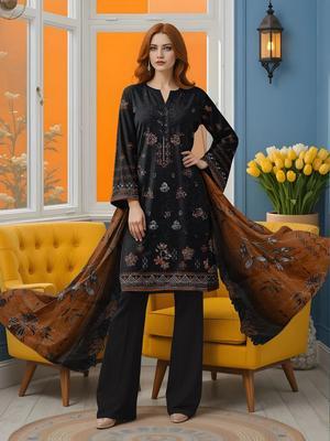 3 Pcs Women's Unstitched Printed Embroidered Suit